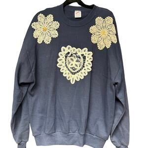 vintage women's XL personalized sweatshirt navy blue doilies buttons ribbons